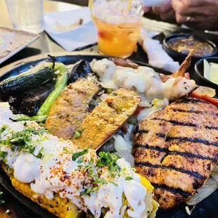 Carne asada, shrimp, chicken, chorizo and elote "corn"
