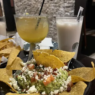 Guacamole, mango margarita and horchata