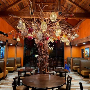 Large room with the interesting tree in the center