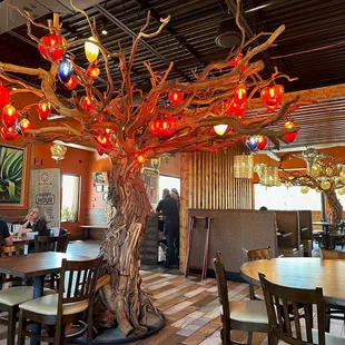 a tree with red and blue lights