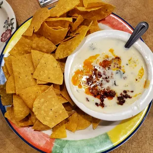 Azteca Queso Dip w/ chorizo.  Added warm flour tortillas to this yummy appetizer.