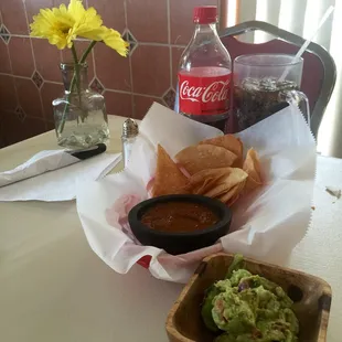 Fresh guacamole, warm salsa, and hot chips.