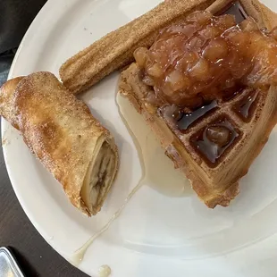 Brunch- waffle with apple topping, churro, cinnamon fried banana