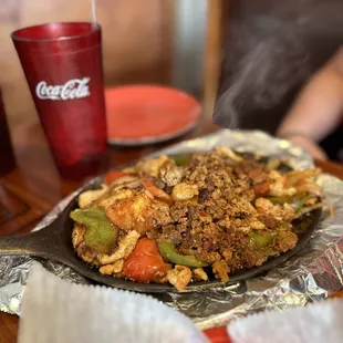 Azteca fajita with shrimp,chicken and chorizo