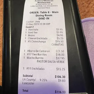 order table and price