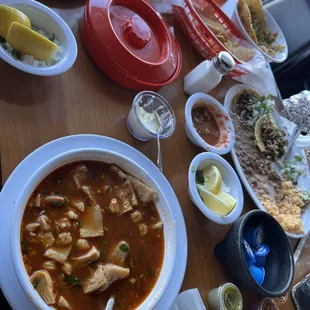 Fresh guacamole and salsa, homemade tortillas, menudo, and taco combo plate