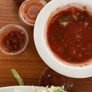 Salsa for their chips and the red sauce for the taquitos