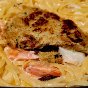 Seafood Linguini. The crab meat is that smashed crab cake.