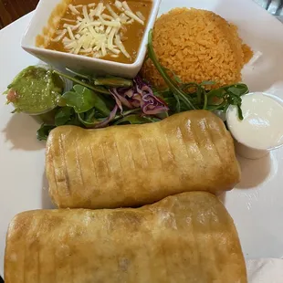 Chimichanga meal with rice and beans