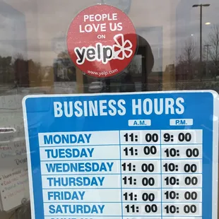 Hours and yelp approved