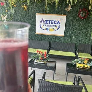 Covered front patio. Agua de Jamaica.