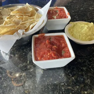 Chips, salsa, green sauce