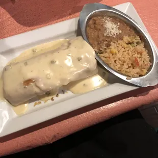 Chicken chimichanga w beans and rice