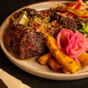 Masas - Fried Duroc Pork Chunks, Moro Rice, Yuca Fries, Mojo
