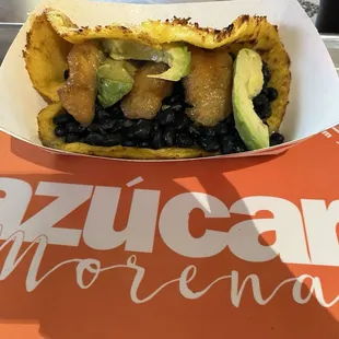 Cachapas with black beans, plantains, avocado.