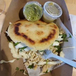 Reina pepeada. Chicken and Avocado arepa