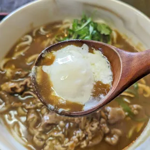 3/30/24: Beef Curry Udon. Soft boiled egg. Unnecessary. Curry broth is already extra rich.