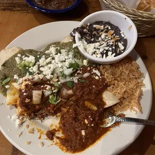 Braised beef Enchiladas (weekly special) with half red &amp; half green salsa