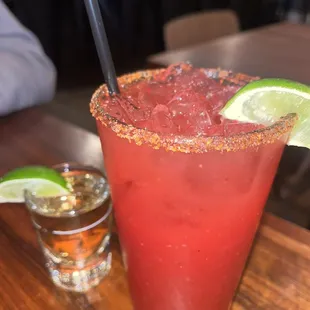 Shot of Patron and a Raspberry Paloma