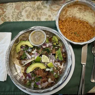 California tacos with rice and beans.