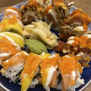 Sushi rolls to go for Lunar New Years dinner from Azuma! Alaskan Mango Roll and Crazy Crab Roll.