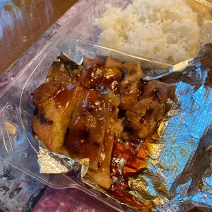 Chicken teriyaki and tempura (half eaten)
