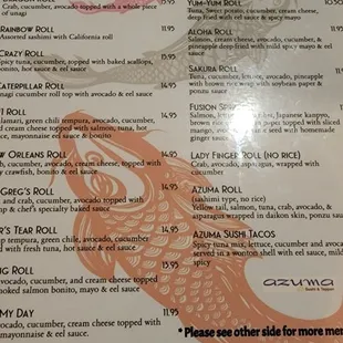 Sushi specialty menu