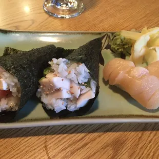 Negi Shiro Maguro Maki handroll and Philadelphia handroll and some scallop nigiri