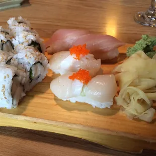 Butterfish roll, hotate nigiri and hamachi nigiri