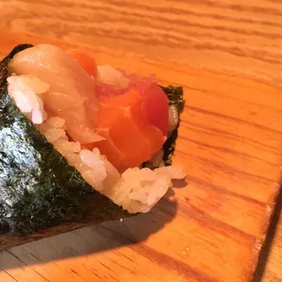 Azusa sushi maki handroll, a lot of fish inside ( salmon , yellowtail, tuna and masago ) kind of small for $8.5