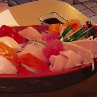 Love Boat for 2: 8 piece Nigri &amp; 8 piece Sashimi (pictured) plus Dynamite roll, tempura &amp; miso soup. YUM