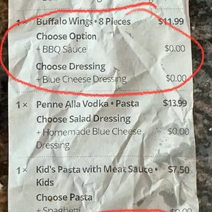 Receipt that shows we were charged for items never received at pick up