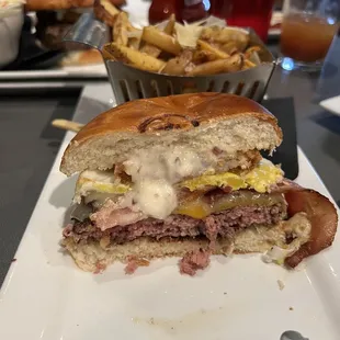 Hangover burger very yum.  Layers of flavors