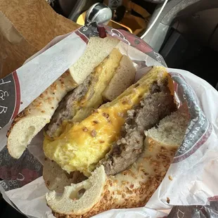 Sausage, egg, and cheese sandwich on a garlic bagel