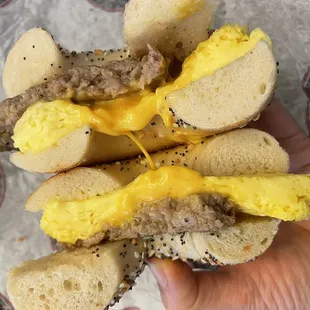 Egg'which with sausage on an everything bagel