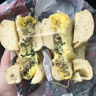 Spinach, sausage, and egg on an everything bagel. Very good