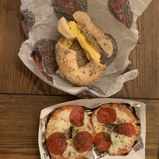 Eggwich with sausage (everything bagel) Pizza bagel with pepperoni (everything bagel)