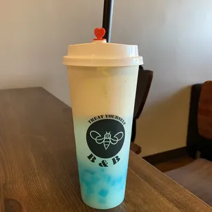 Piña coladas Italian iced soda, with a splash of half and half and blueberry hearts.