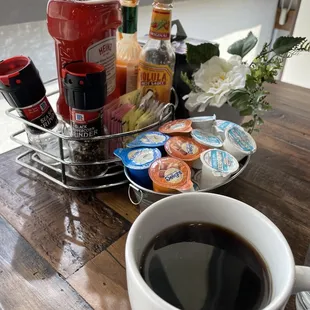 Fresh, hot coffee with flavored creamer options.