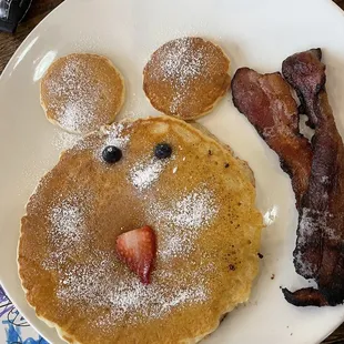 Mickey Mouse kids pancake w/ bacon and a drink $6