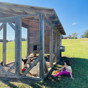 a little girl sitting in front of a chicken coop
