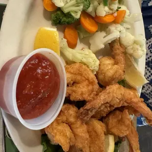 Battered shrimp and mixed vegetables.