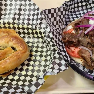 Left: small cheese spinach pie. Right: gyro.