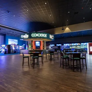 View of Sterling&apos;s seating, Concierge desk, Outtakes Arcade entrance, and B-Roll Bowling lanes