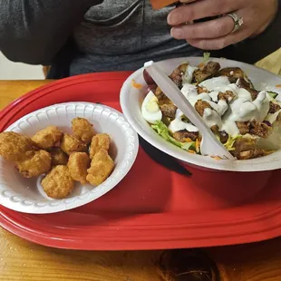 Corn balls, chicken salad