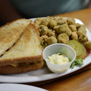 Shrimp on toast with fried okra