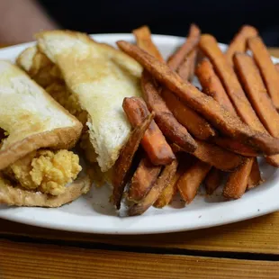 shrimp on toast with sweet potato fries...
