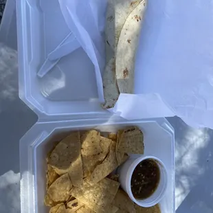Chips and salsa.   Bean burrito.
