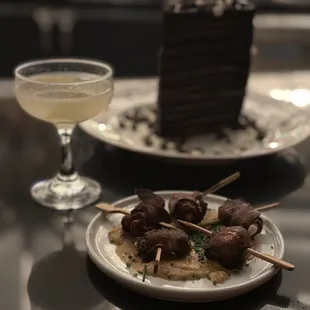 Bacon wrapped dates, Pandan Express cocktail and mile high chocolate cake.