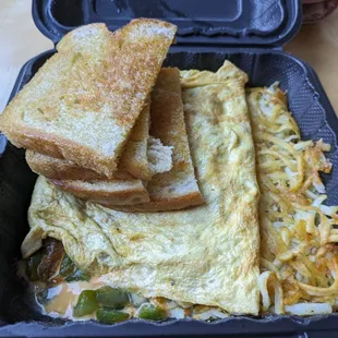 Omelette - 3.5 stars. Eating the omelette is messy, &amp; they put it on top of the hash, making it very soggy. 2023-11-28 Takeout lunch